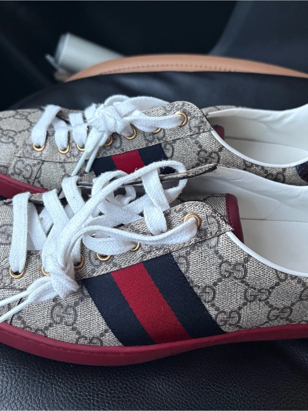 Gucci Beige GG Canvas Sneakers with Red & Navy Stripe